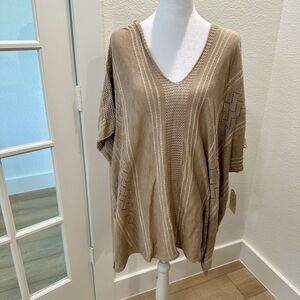 St John's Bay Crochet Knit V-Neck Poncho Pullon Sweater Tan Neutral Boho Sz L